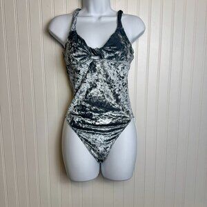 Aerie silvery blue velvet bodysuit keyhole front twist size medium P20